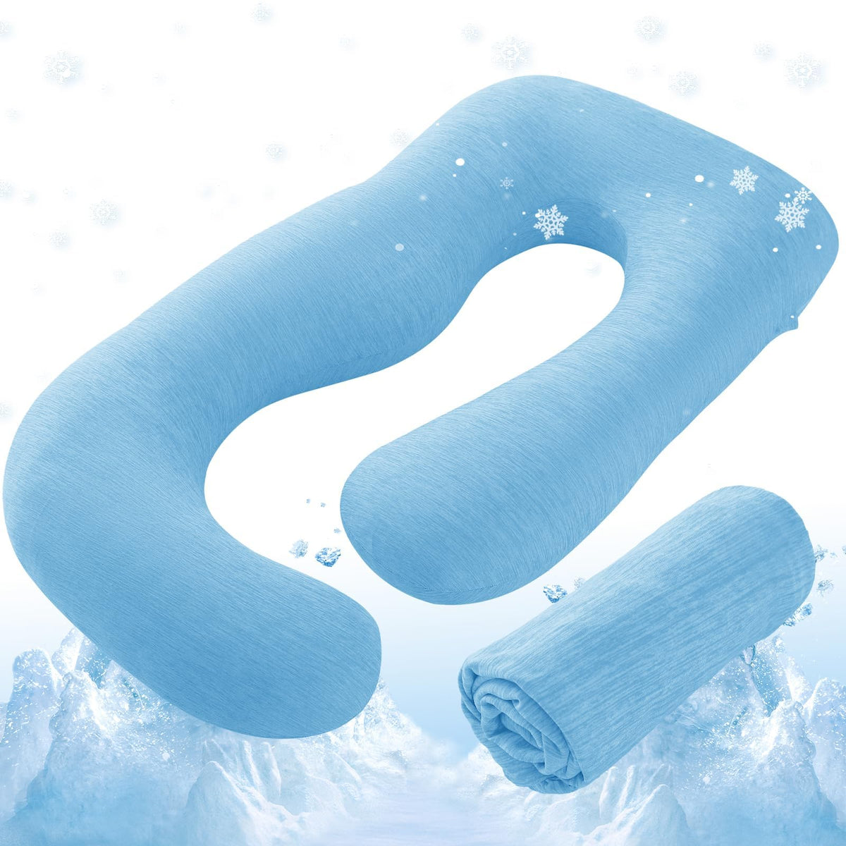Sasttie cooling pregnancy pillow cover front view highlights breathable blue fabric for comfort.
