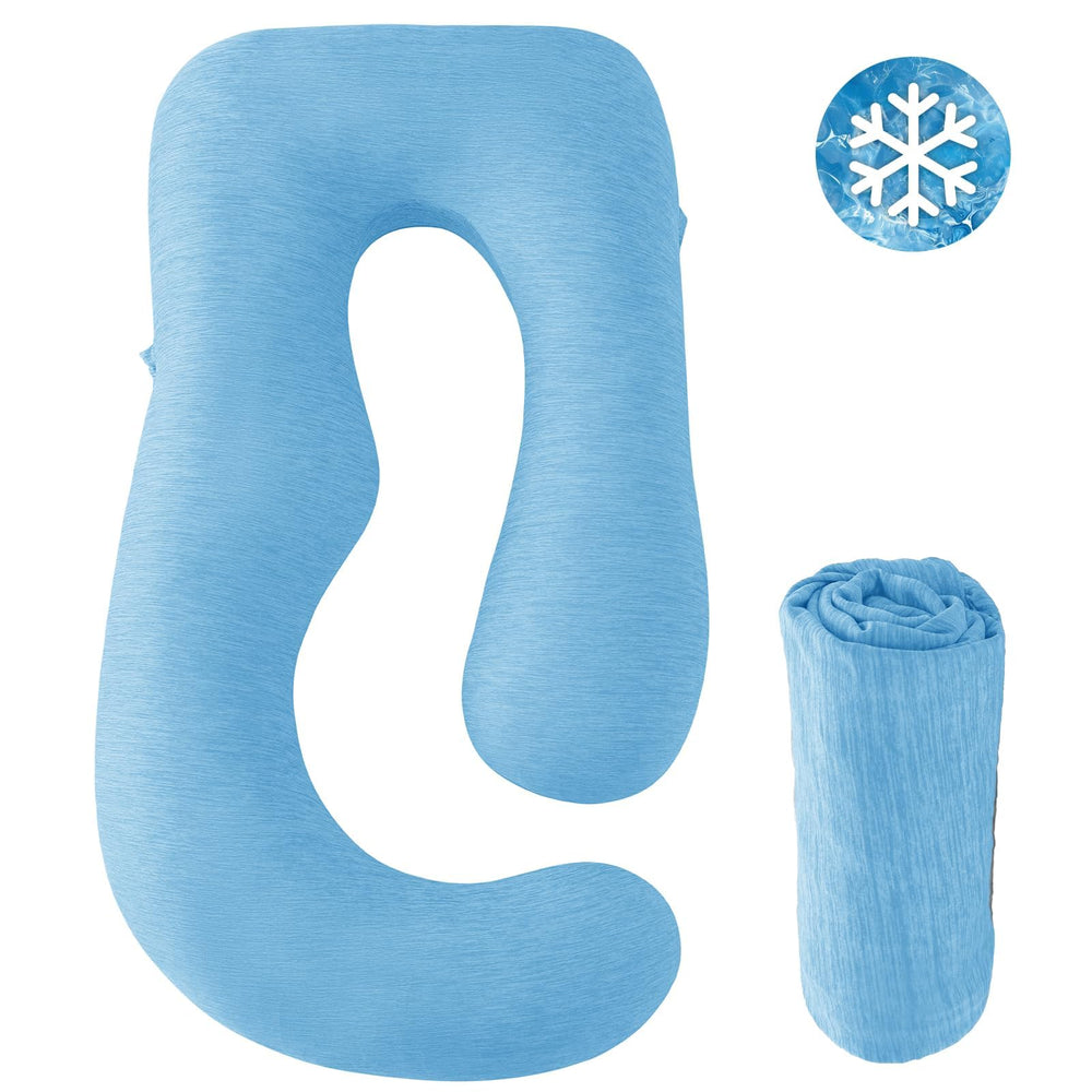 Sasttie cooling pregnancy pillow cover in use at bedside demonstrates supportive sleep setup.