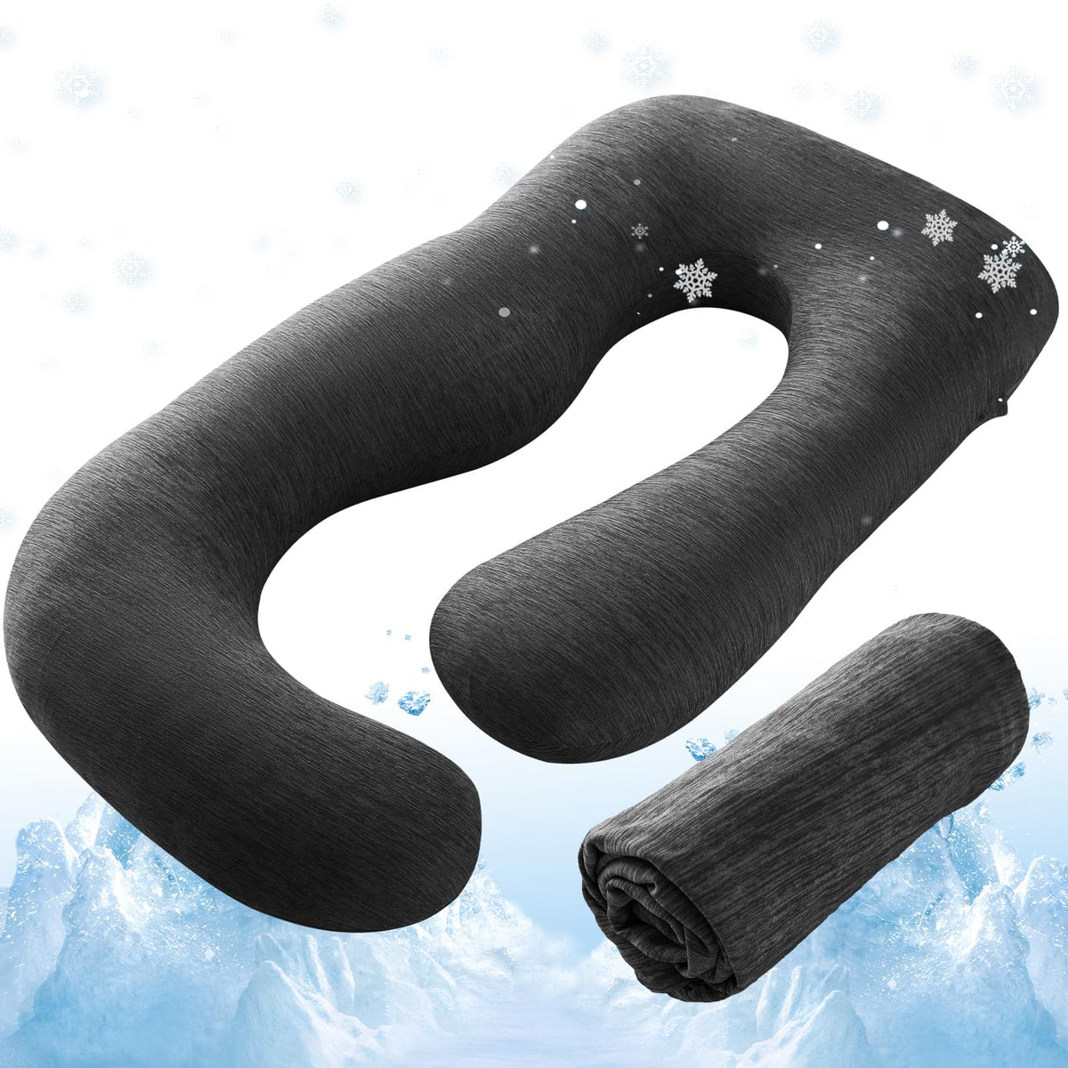 Sasttie cooling-pregnancy-pillow-cover on bed shows snug 55–57 inch fit for comfort
