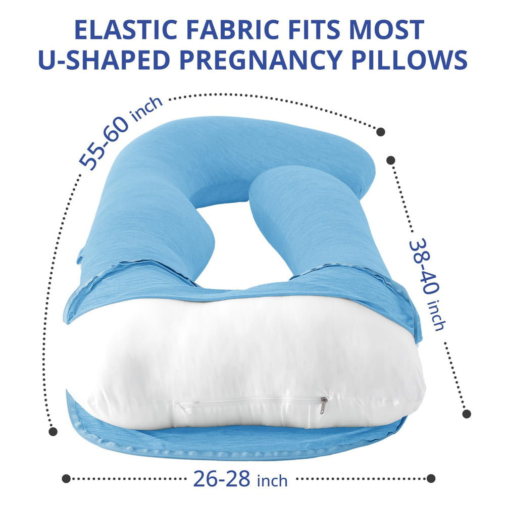 Sasttie cooling pregnancy pillow cover side view shows stretch-fit for 55–57 inch pillows.