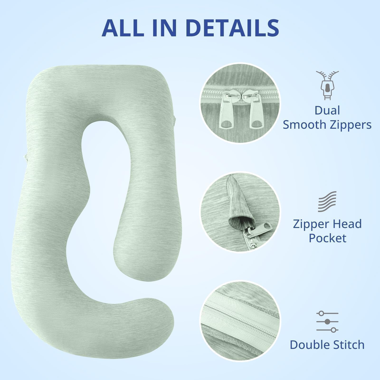 Sasttie cooling cover on a 57-inch maternity pillow demonstrating fit