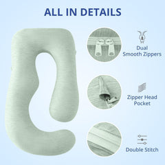 Sasttie cooling cover on a 57-inch maternity pillow demonstrating fit