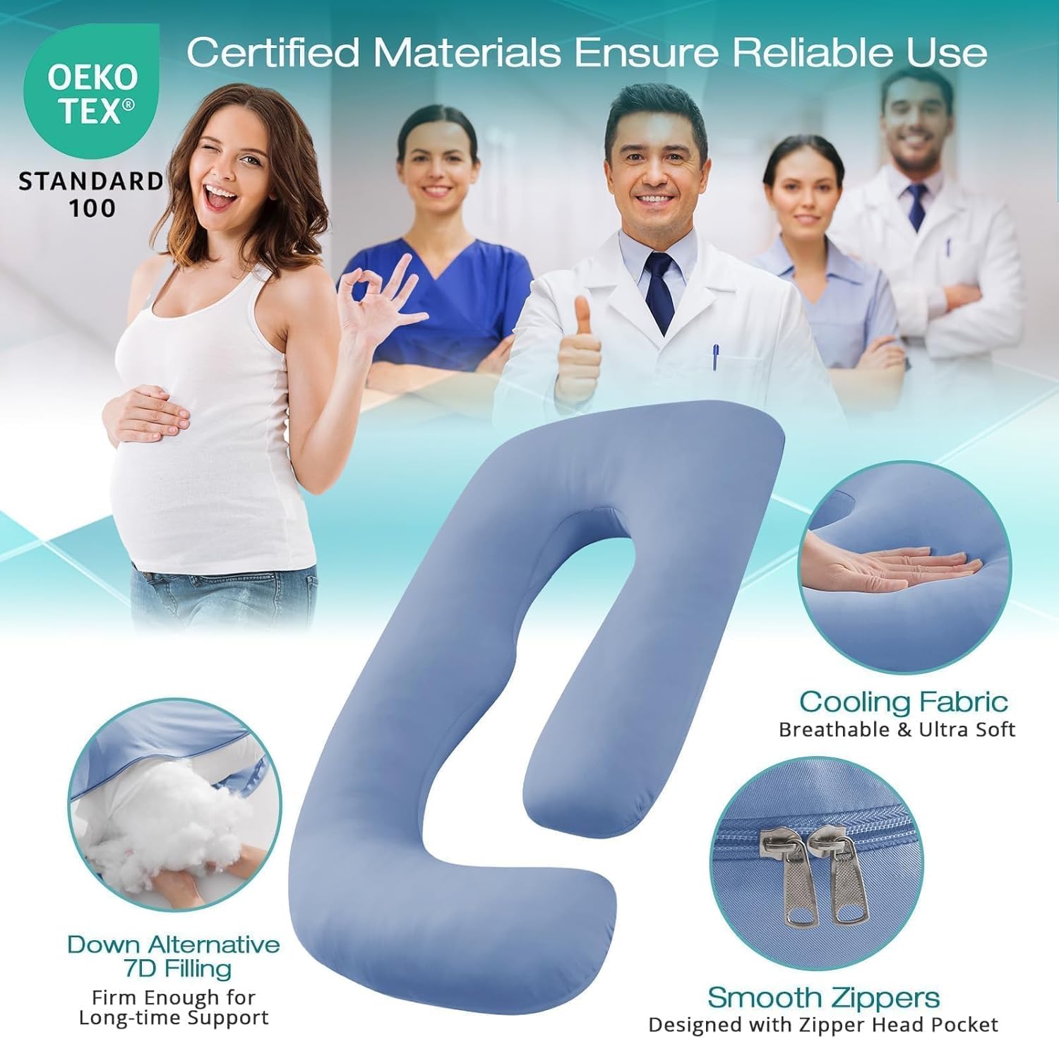 Sasttie blue pillow with down-alternative filling offers balanced support.