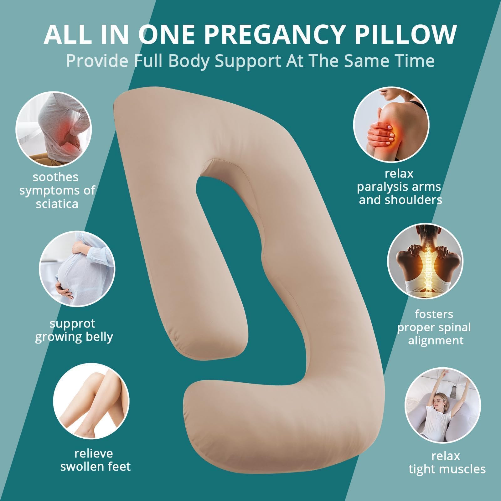 Sasttie beige pregnancy pillow on bed showcases calm, cozy maternity essential.