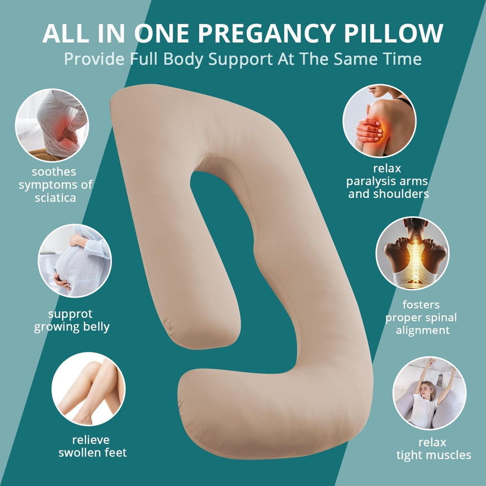 Sasttie beige pregnancy pillow on bed showcases calm, cozy maternity essential.