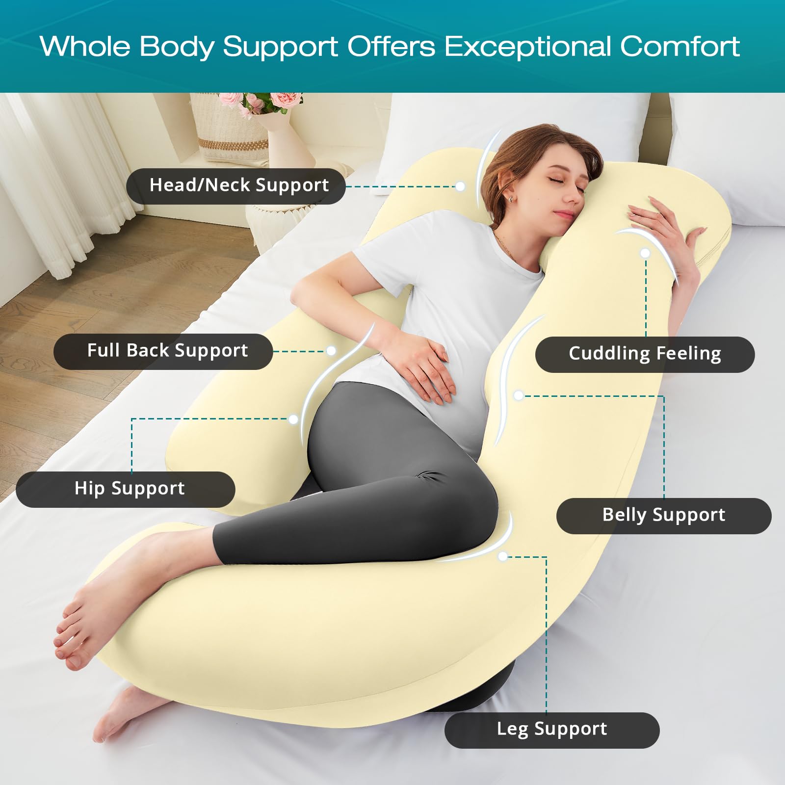 Sasttie pregnancy pillow demonstrates full-body support for spine and shoulders