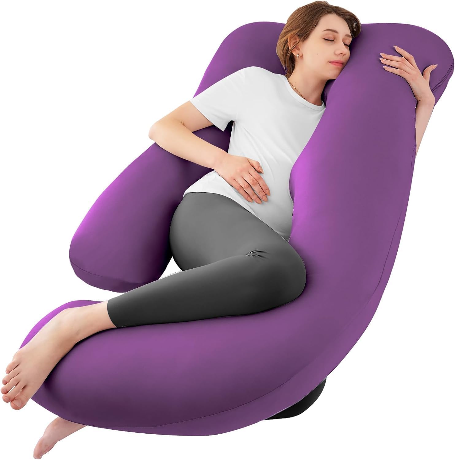 Sasttie pregnancy pillow shows the U-shaped ergonomic design for shoulder and back support.