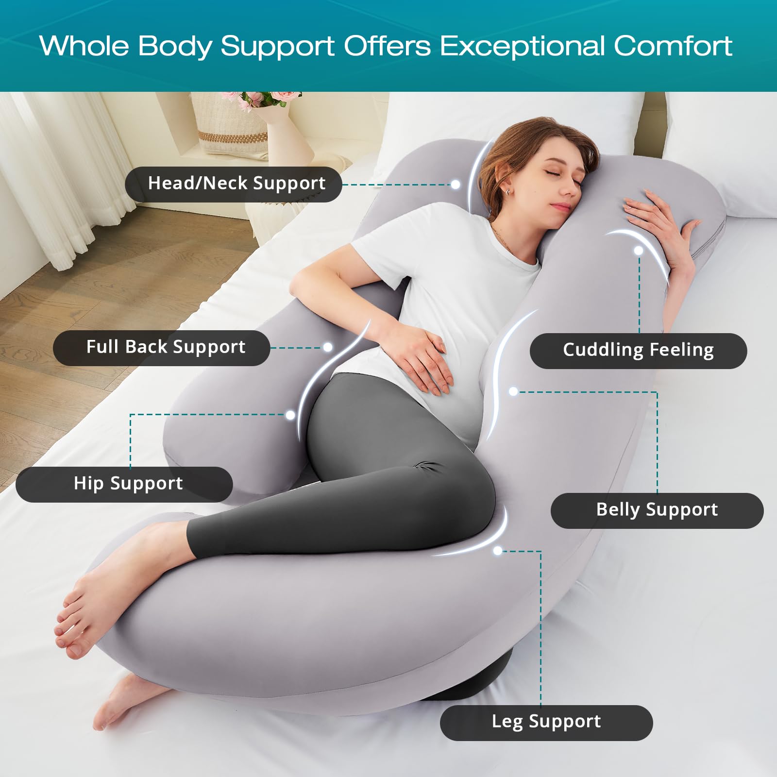 Sasttie pregnancy pillow side sleep view demonstrates ergonomic hip and shoulder relief.