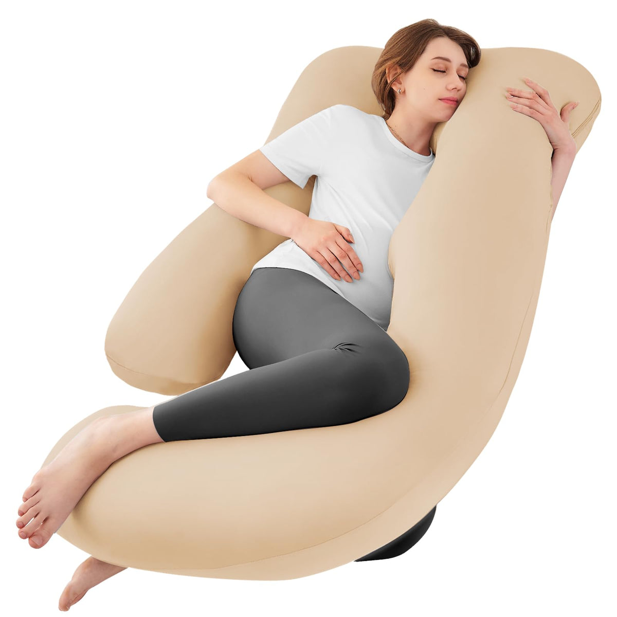 Sasttie pregnancy pillow U-shape full-coverage design supports back and belly for comfortable sleep.