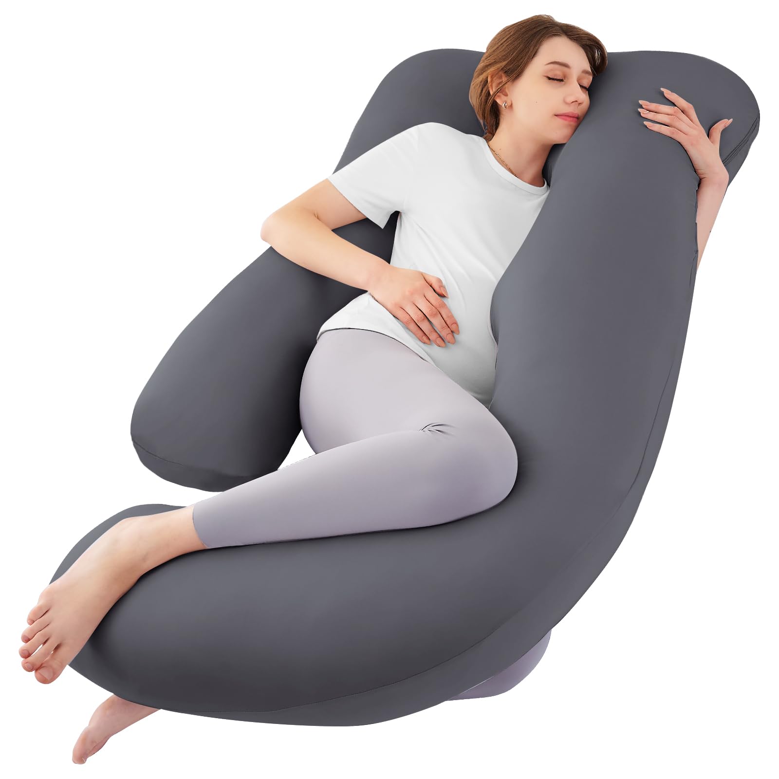 Sasttie u-shaped pregnancy pillow shows ergonomic design supporting shoulders and back for comfortable sleep.