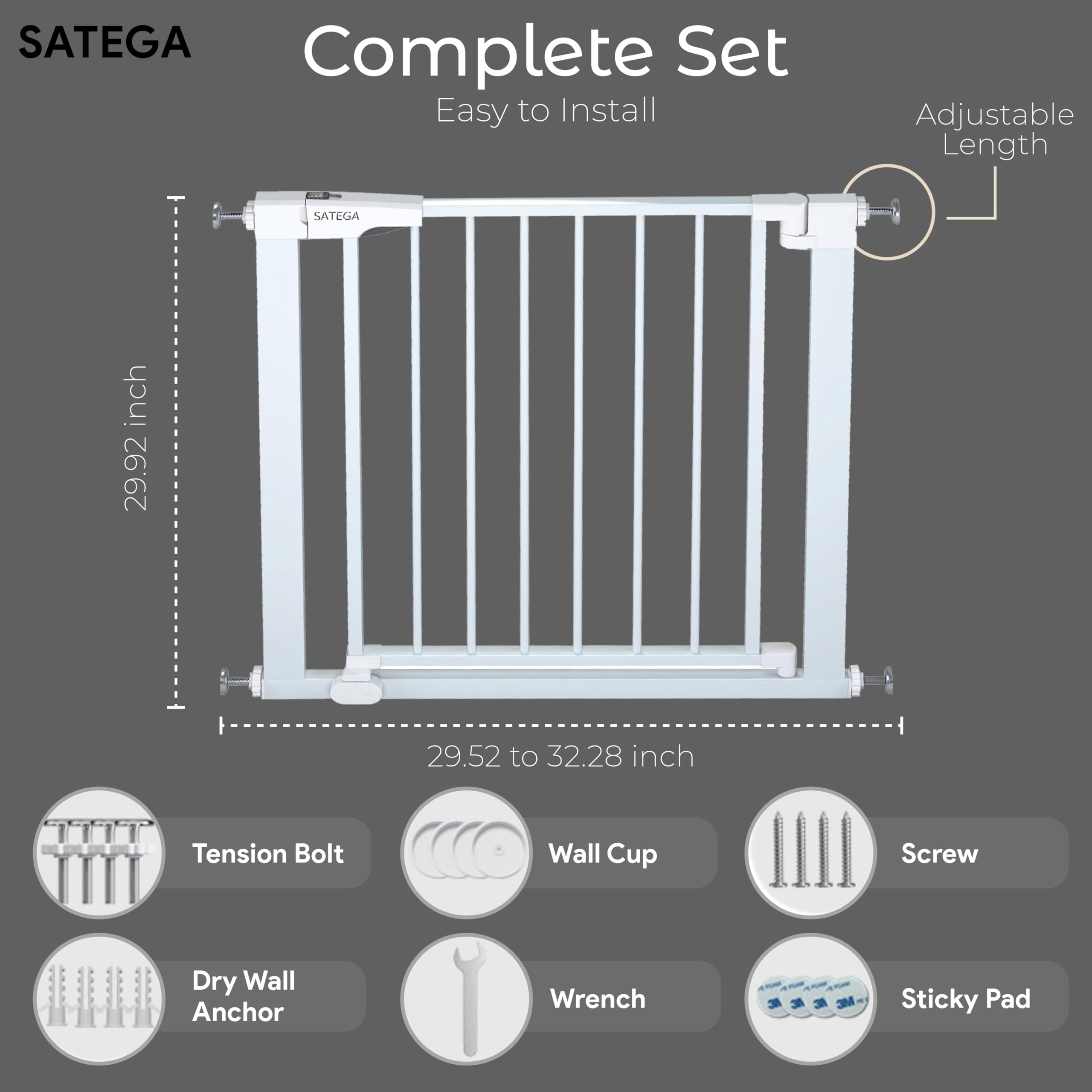 SATEGA baby gate with auto-close and hold-open mechanism for hands-free access