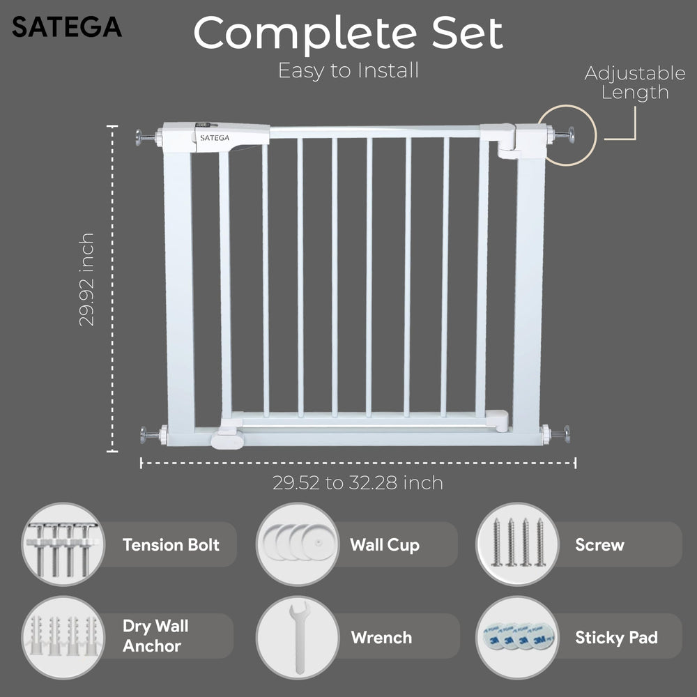 SATEGA baby gate with auto-close and hold-open mechanism for hands-free access