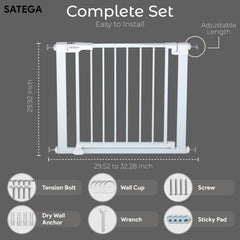 SATEGA baby gate with auto-close and hold-open mechanism for hands-free access