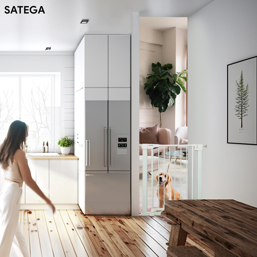 SATEGA baby gate in hallway and stair setup illustrating practical use cases