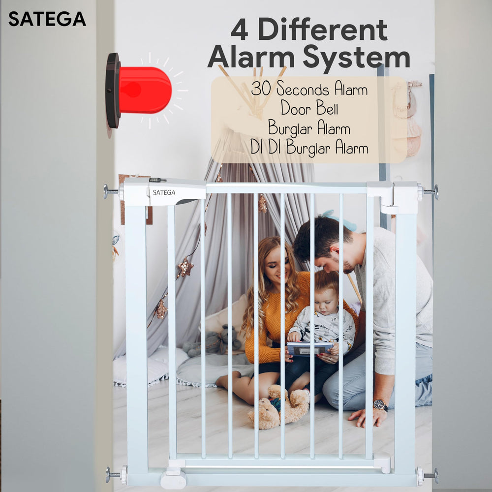 SATEGA baby gate quick no-drill installation demonstrating pressure-mounted setup