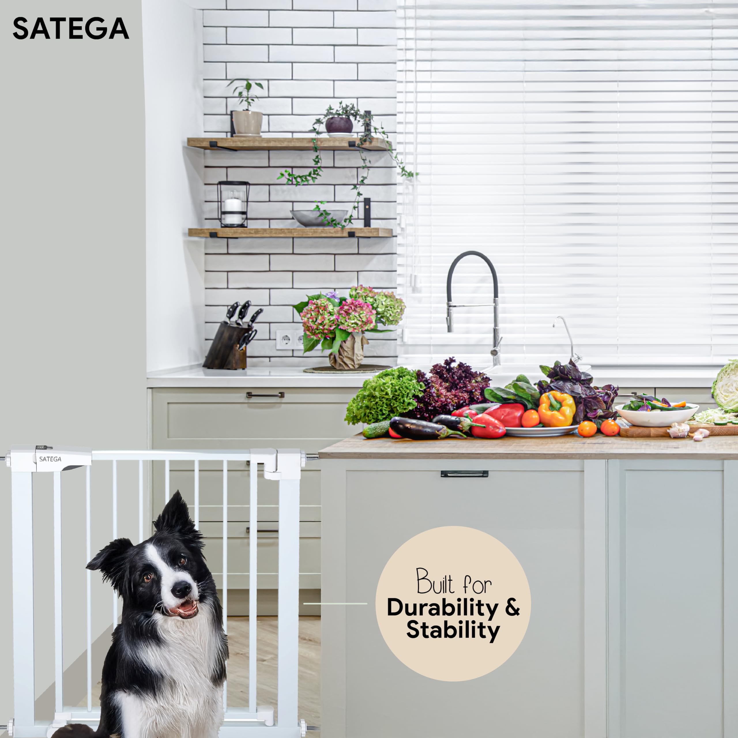 SATEGA baby gate sturdy steel construction for daily use around kids and pets