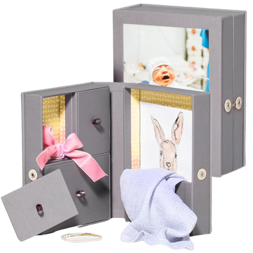 Savor Small Baby Story Box frame closeup highlights durable linen display.