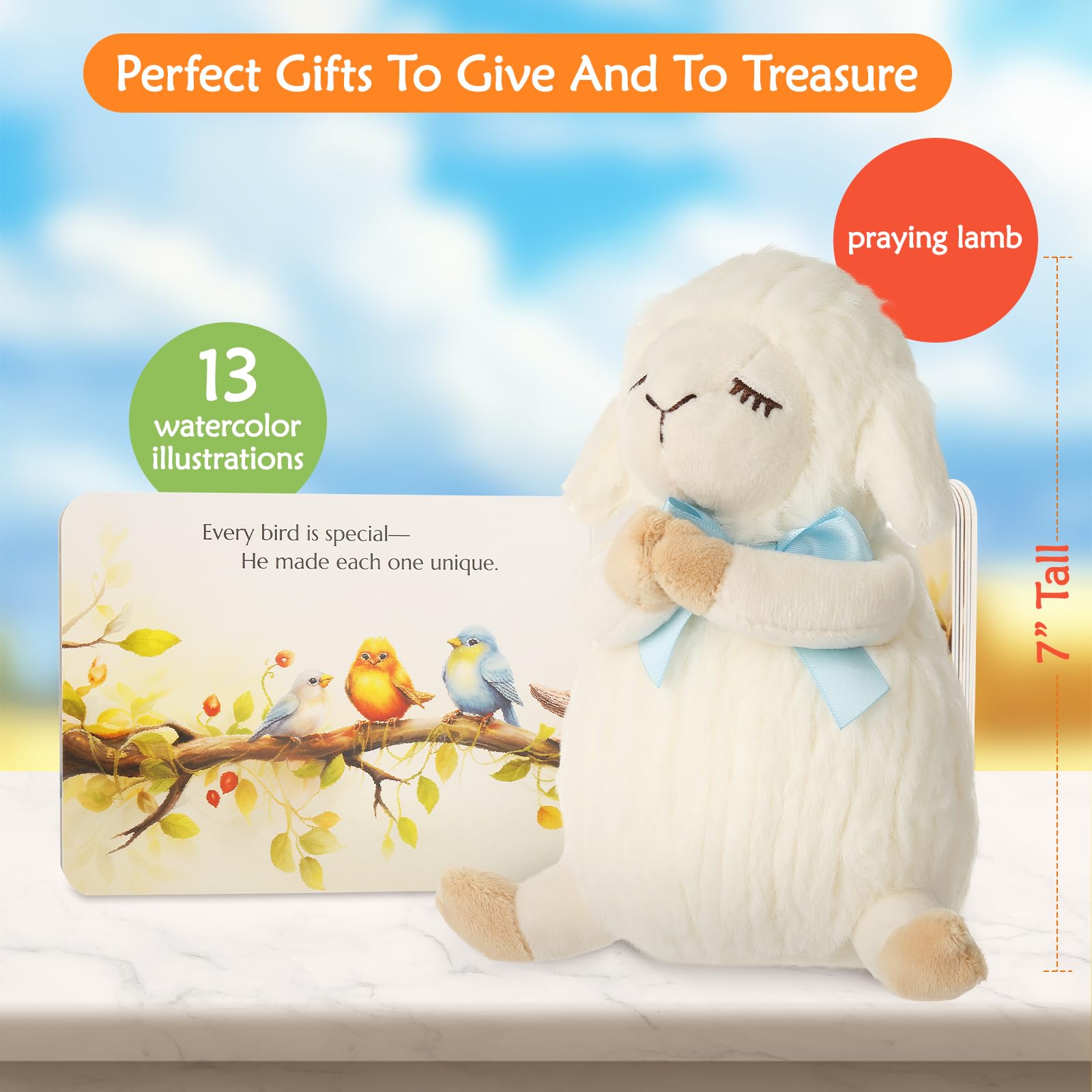 Sawnfay 7-inch praying lamb plush, soft and baby-safe.