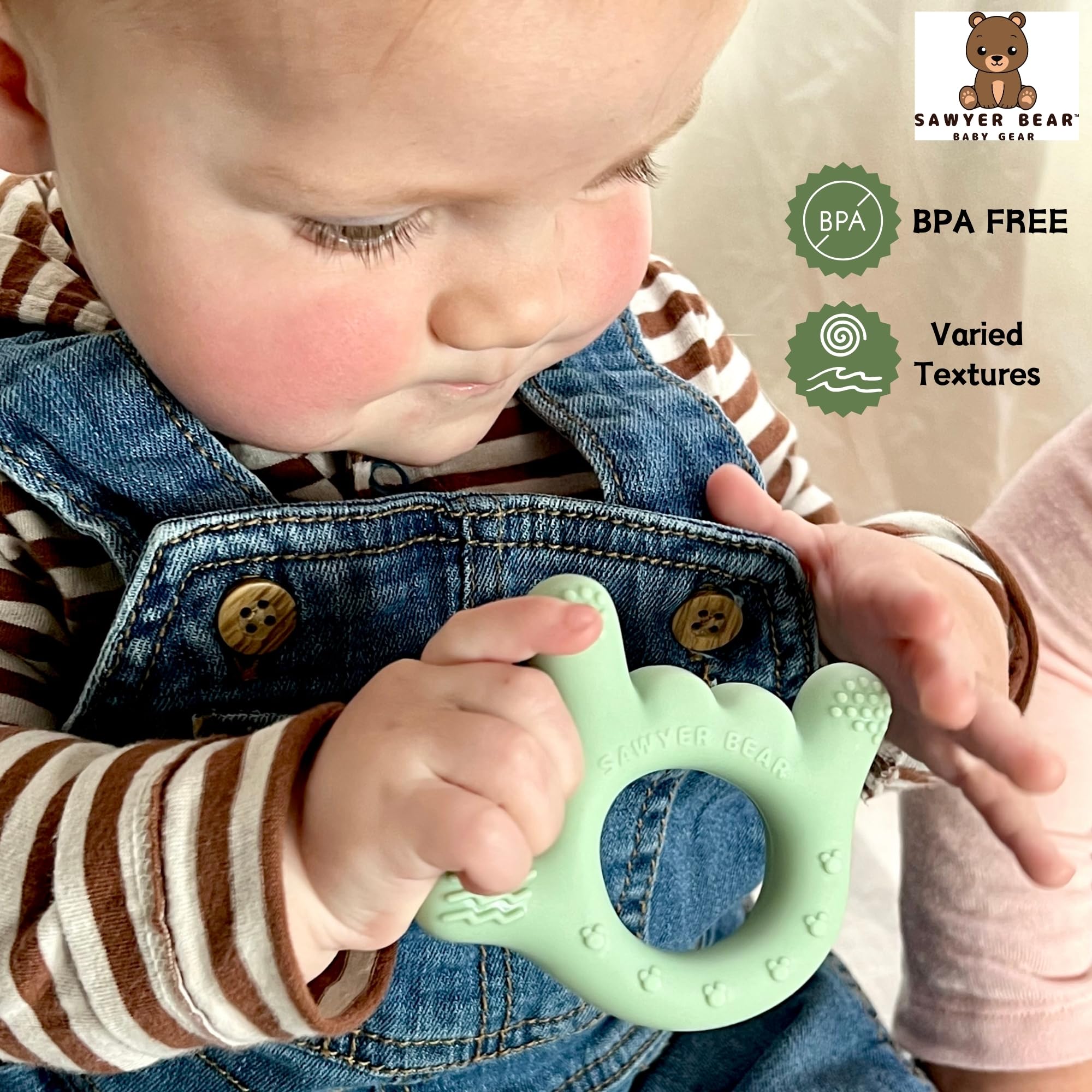 Sawyer Bear I Love You teether freezer-friendly cooling for gums.