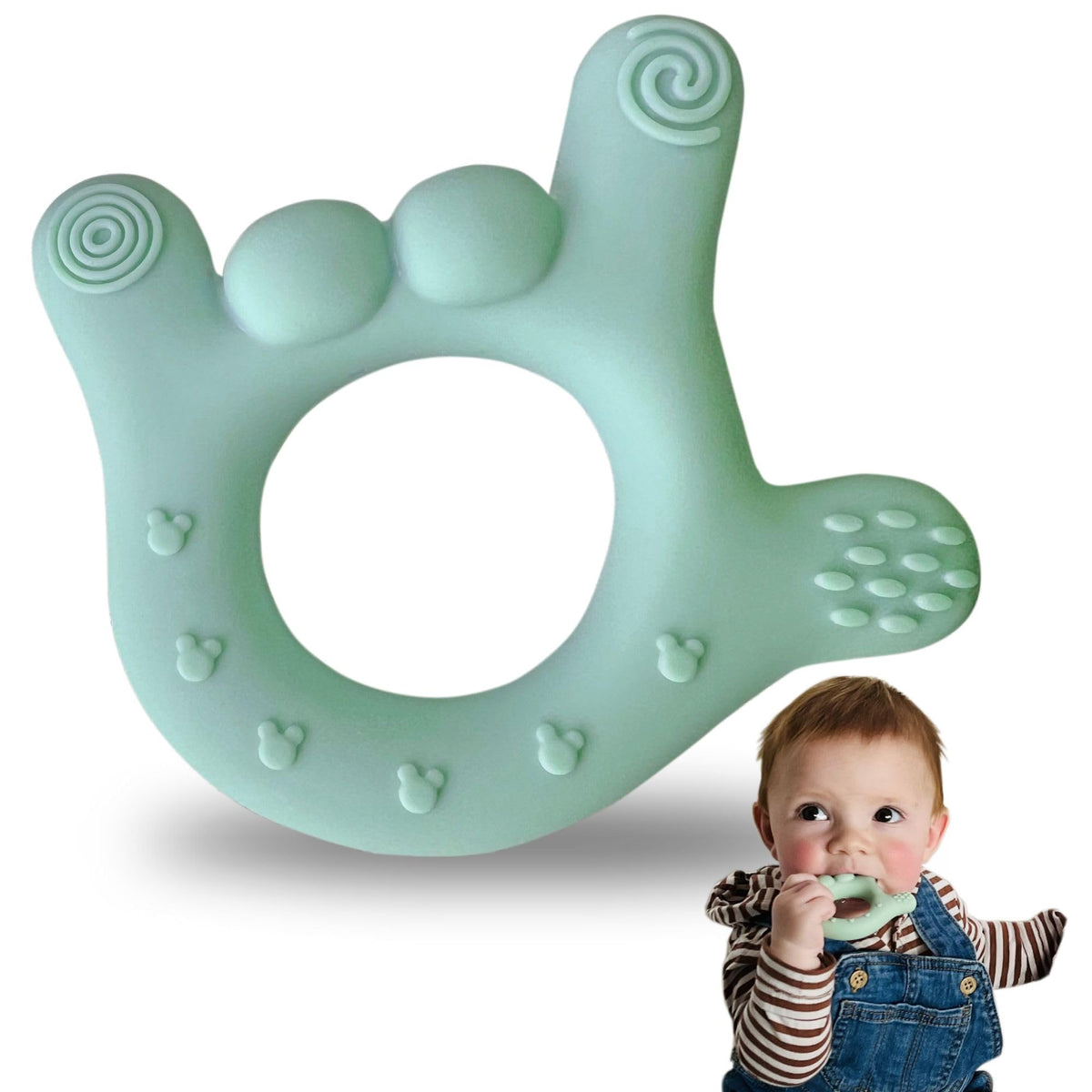Sawyer Bear I Love You teether hand close-up supports early fine motor skills.