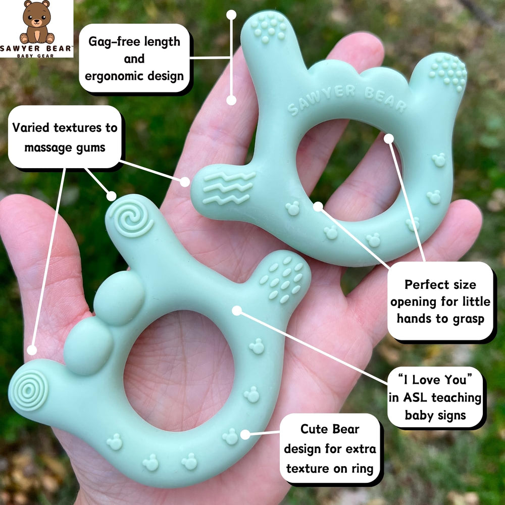 Sawyer Bear I Love You teether texture varied for gum massage.