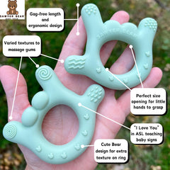 Sawyer Bear I Love You teether texture varied for gum massage.