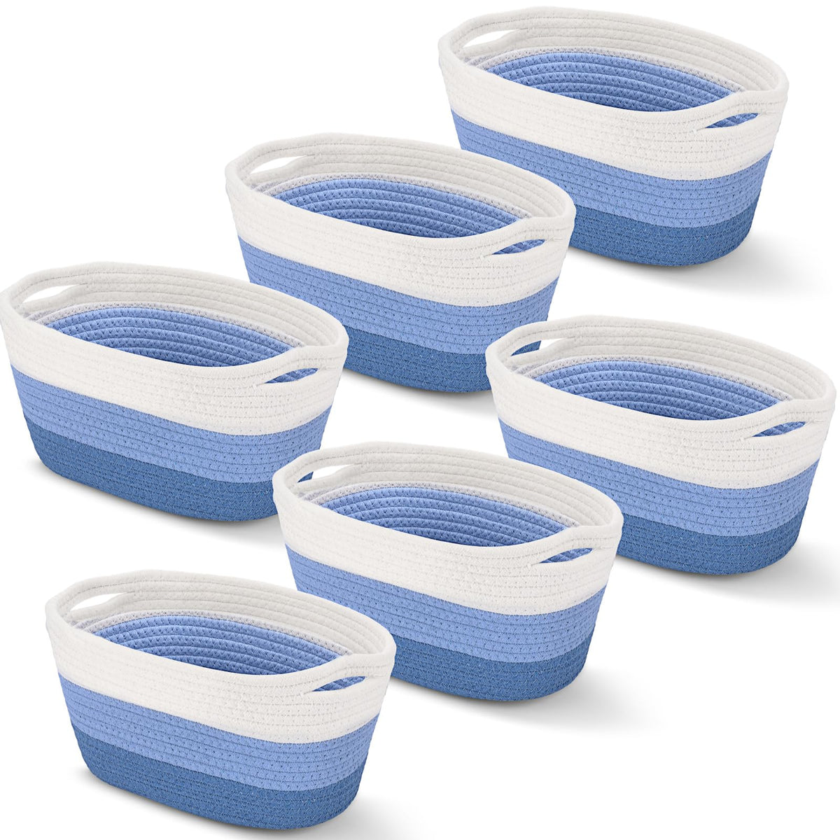 Sawysine 6 Pcs Storage Baskets blue-white flatlay highlighting versatile home organization.