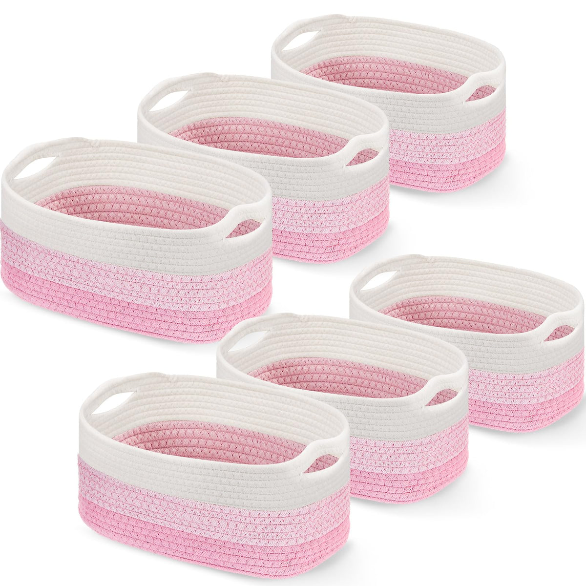 Sawysine six-piece pink and white cotton rope basket set with handles for tidy living room storage.