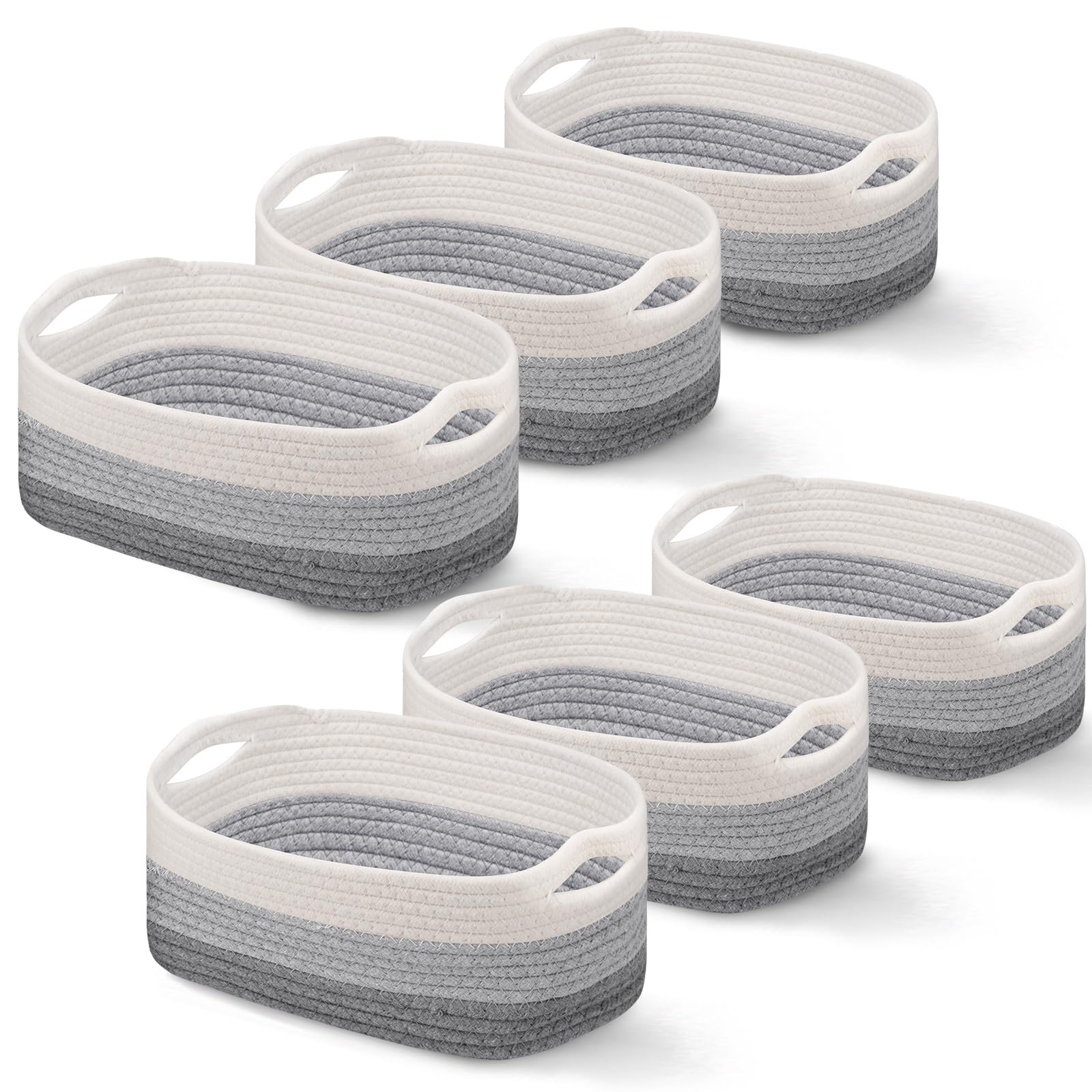 Sawysine six-pack cotton rope baskets in gray and white for versatile storage organization.