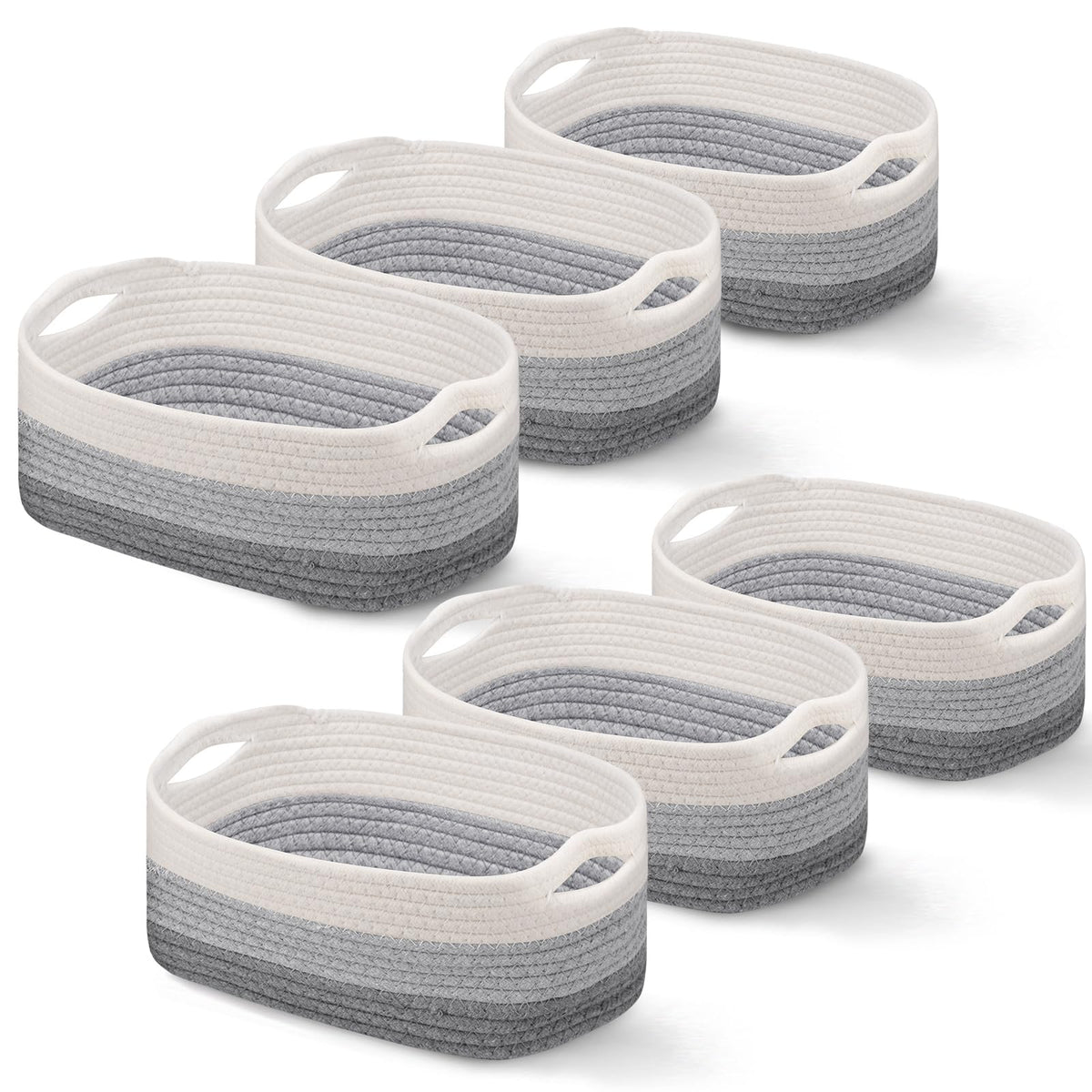 Sawysine six-pack cotton rope baskets in gray and white for versatile storage organization.