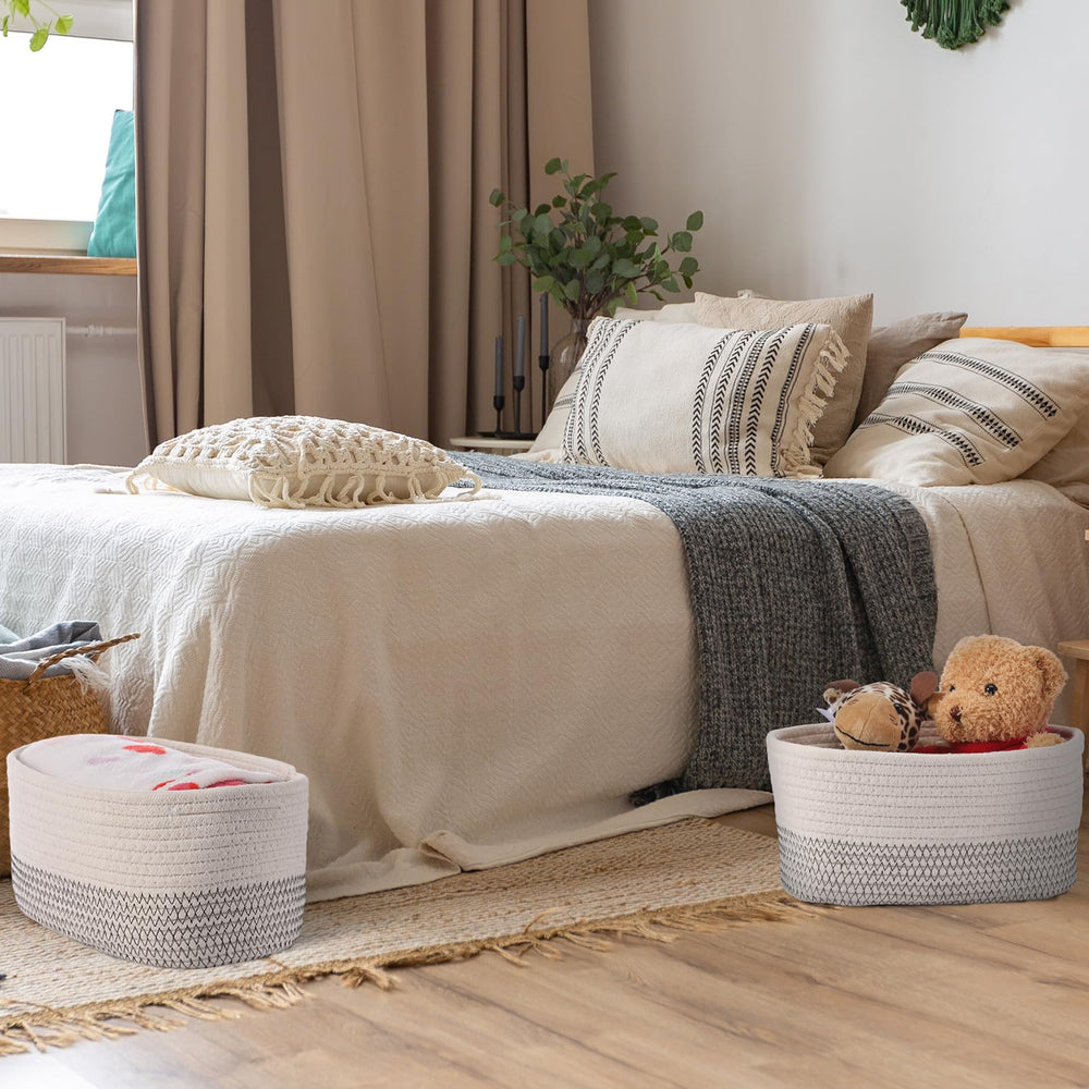 Sawysine six-piece rope baskets used for blankets and books in the bedroom.