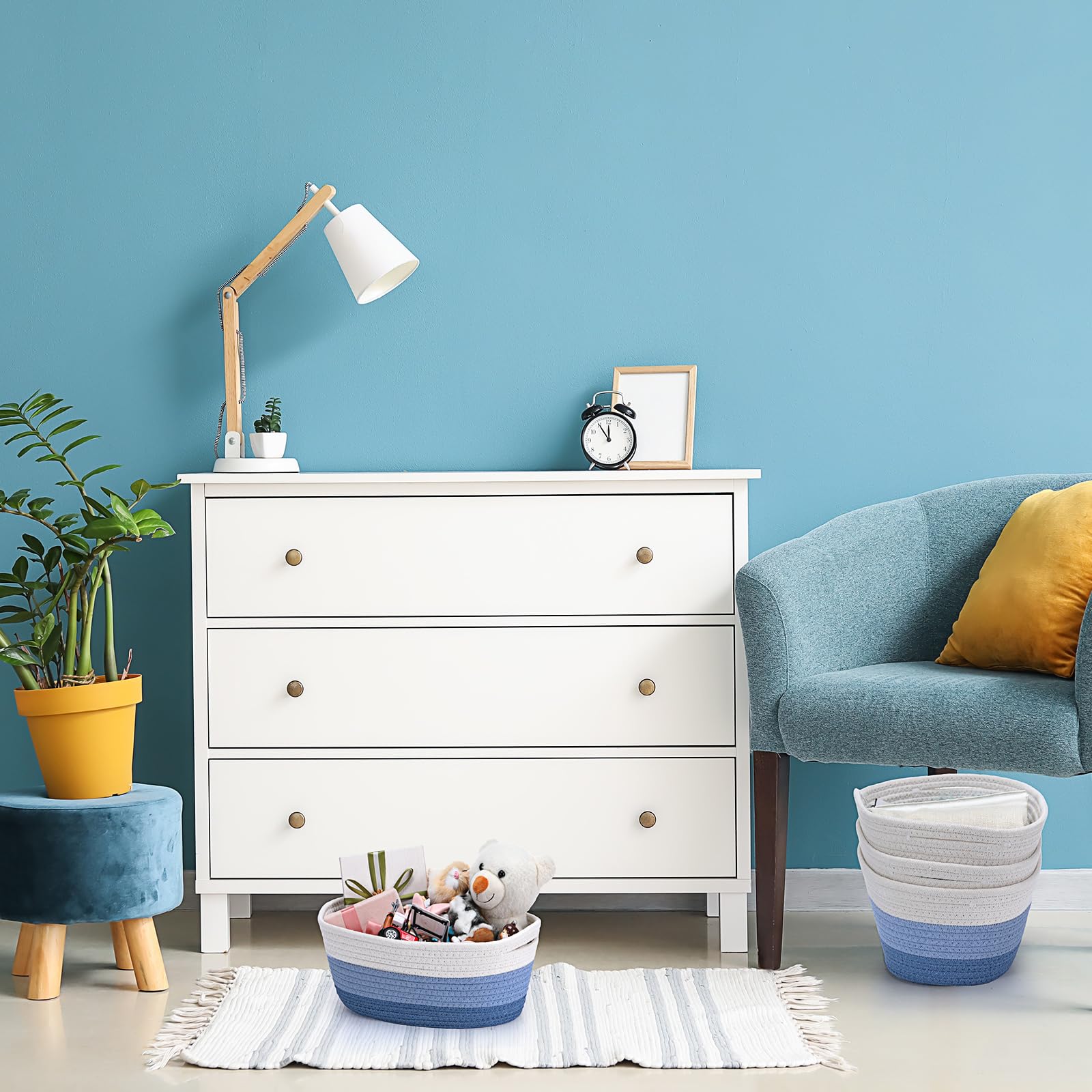 Sawysine kids' toys neatly stored in blue-white woven baskets.