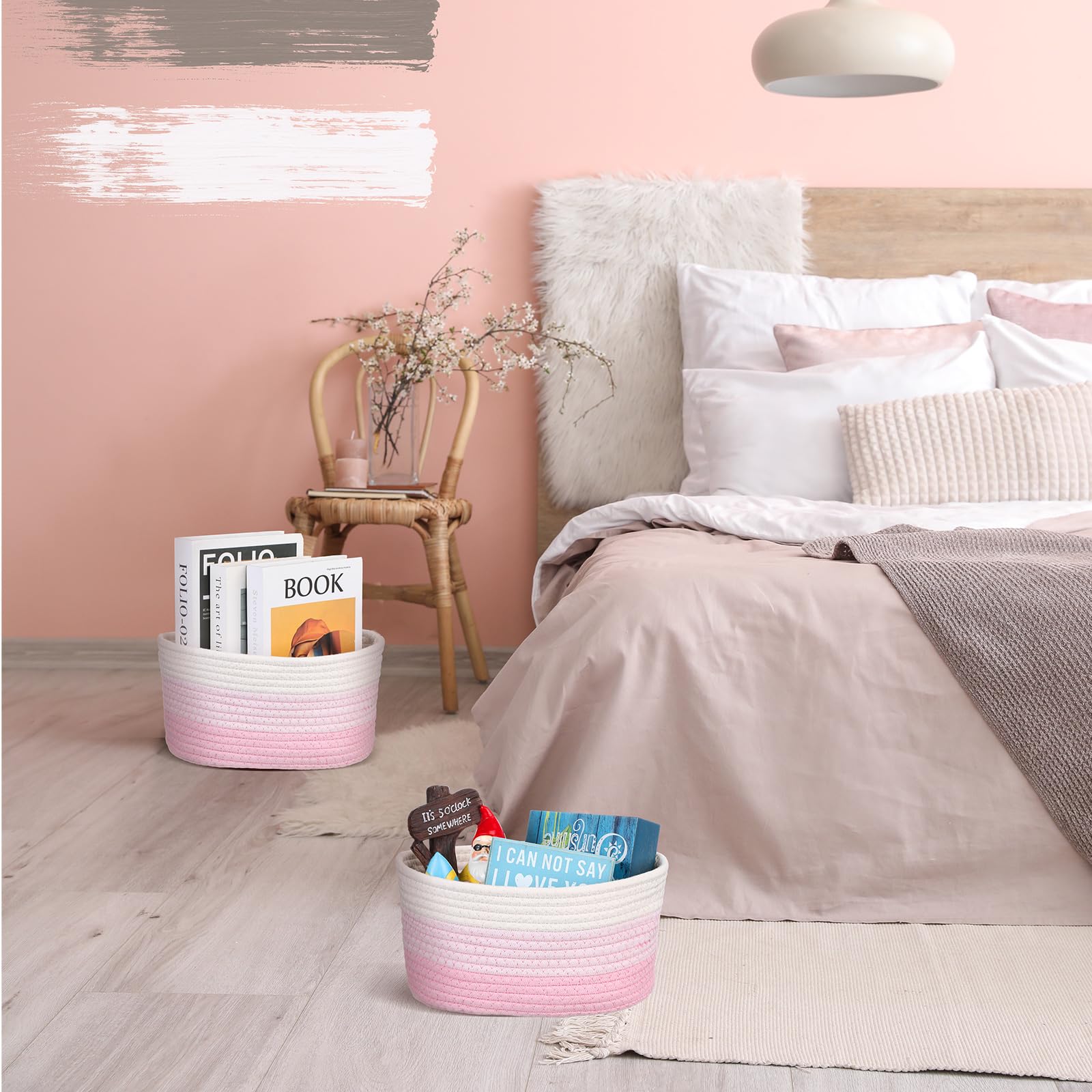 Sawysine storage baskets arranged with books and decor showcasing chic room organization.