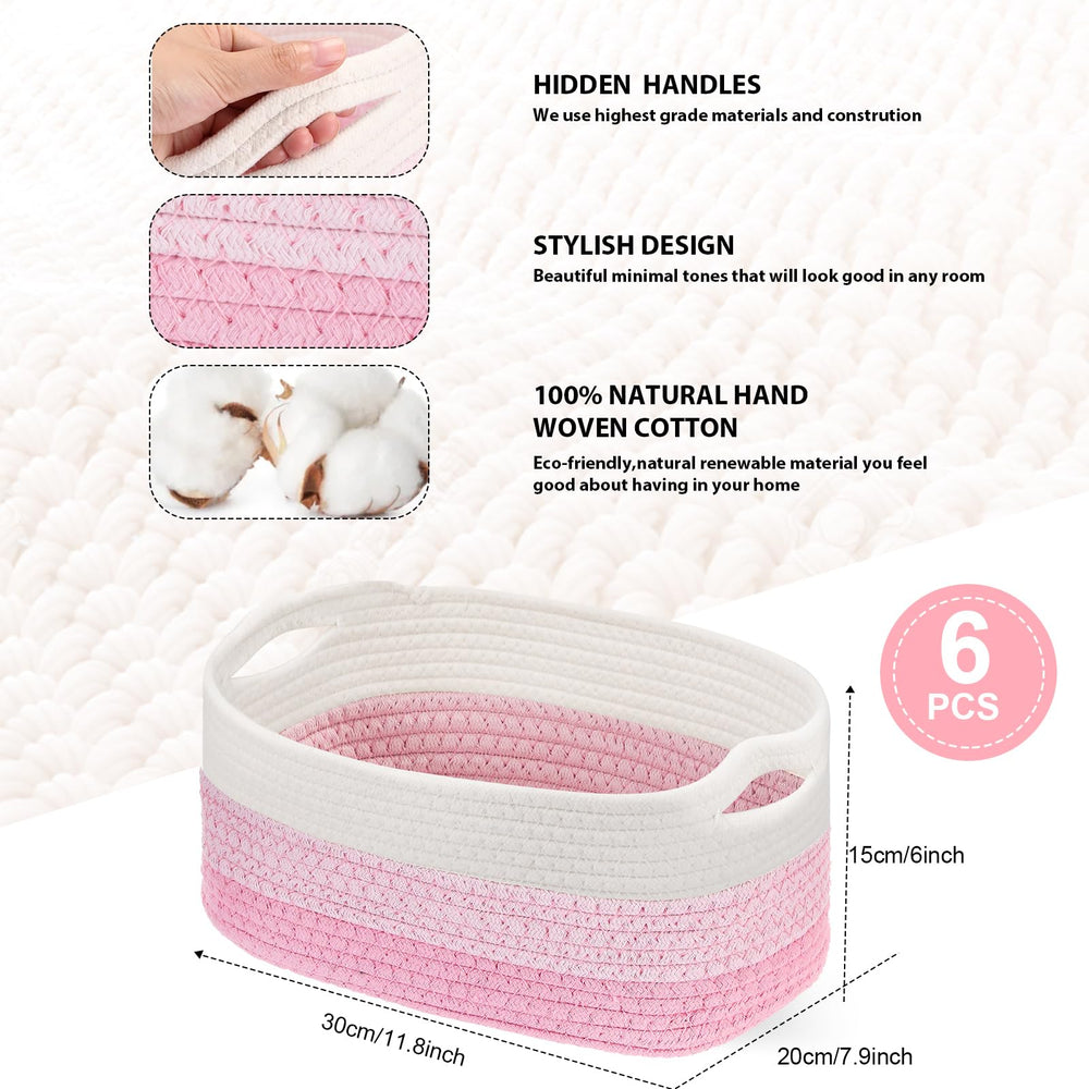 Sawysine woven basket with handles in pink and white for easy toy storage.