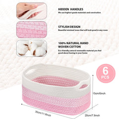 Sawysine woven basket with handles in pink and white for easy toy storage.