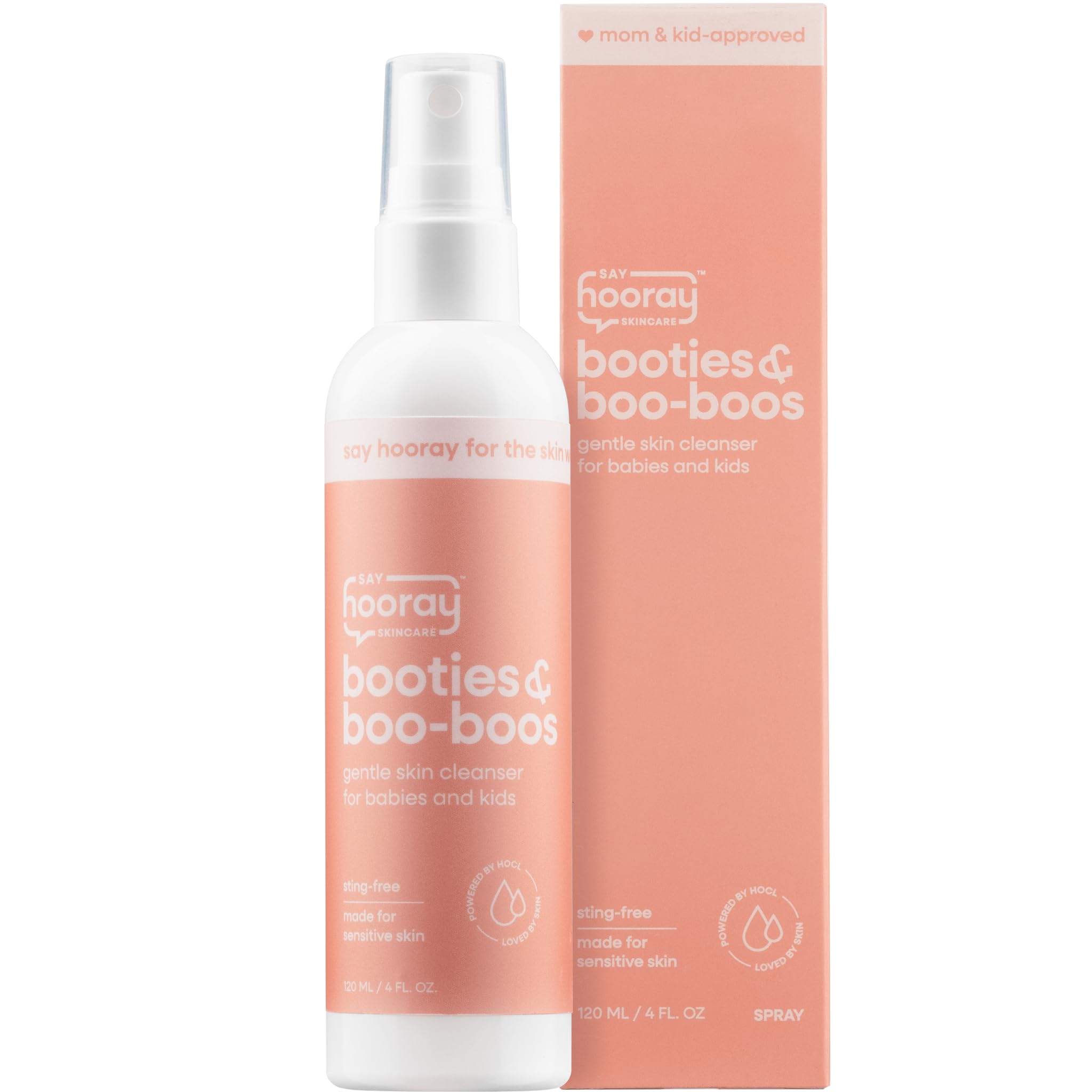 Say Hooray Skincare Booties cleansing spray at diaper-change scene for mess-free hygiene.