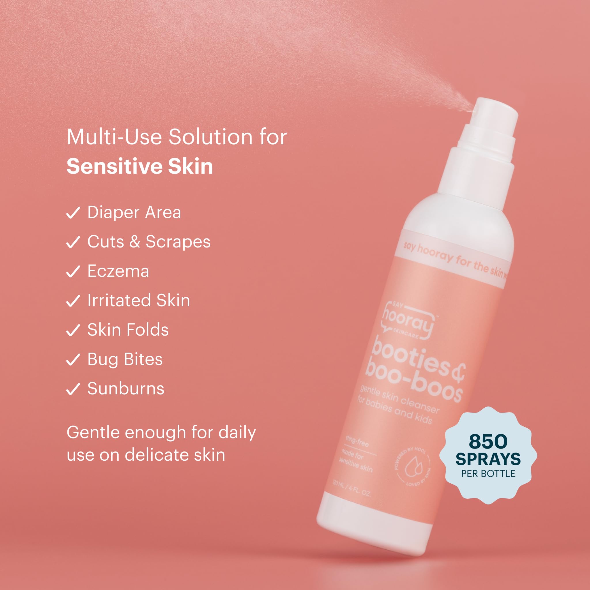 Say Hooray Skincare Booties no-sting formula calms delicate baby skin.