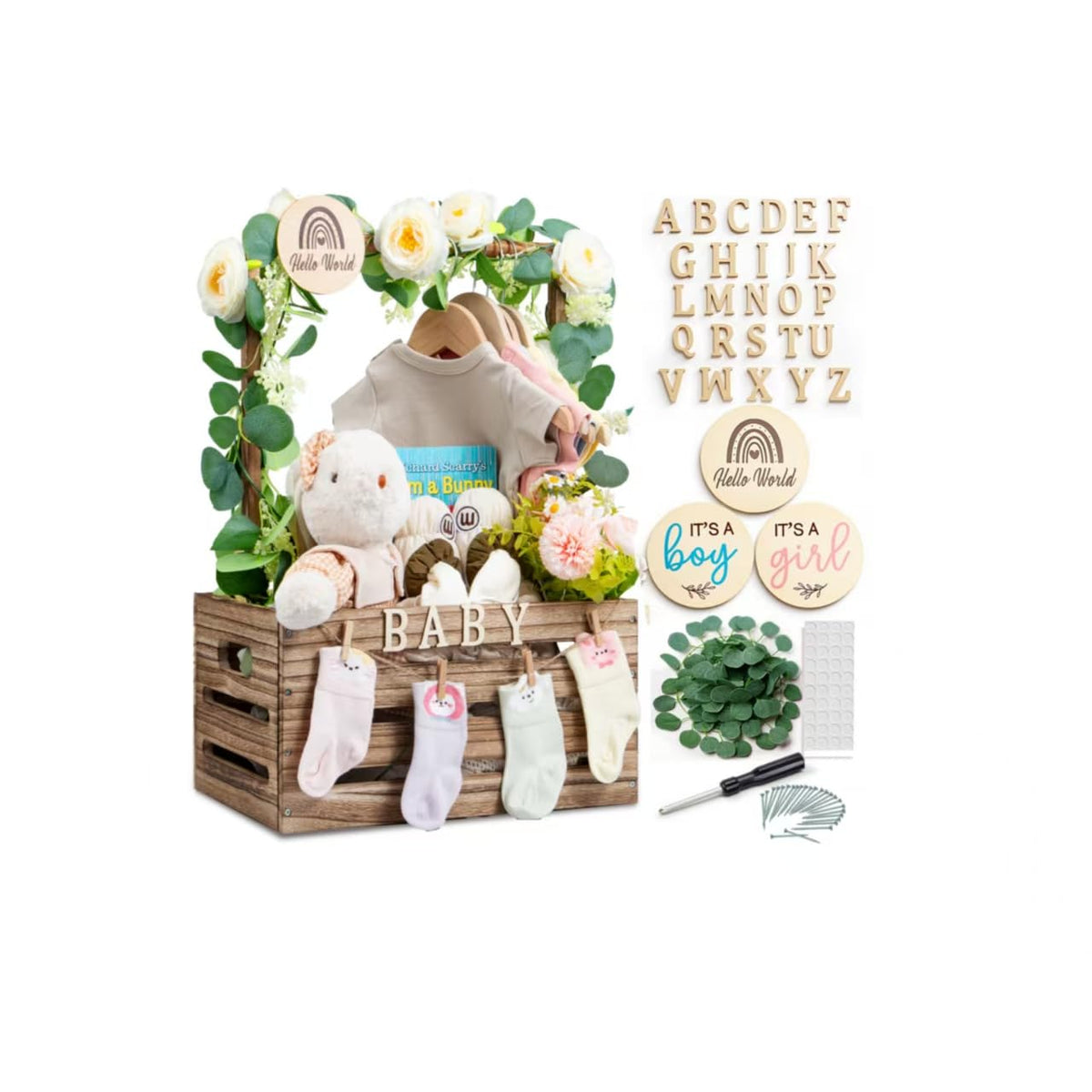 SCHOLOX wooden baby shower crate full view — rustic gift centerpiece