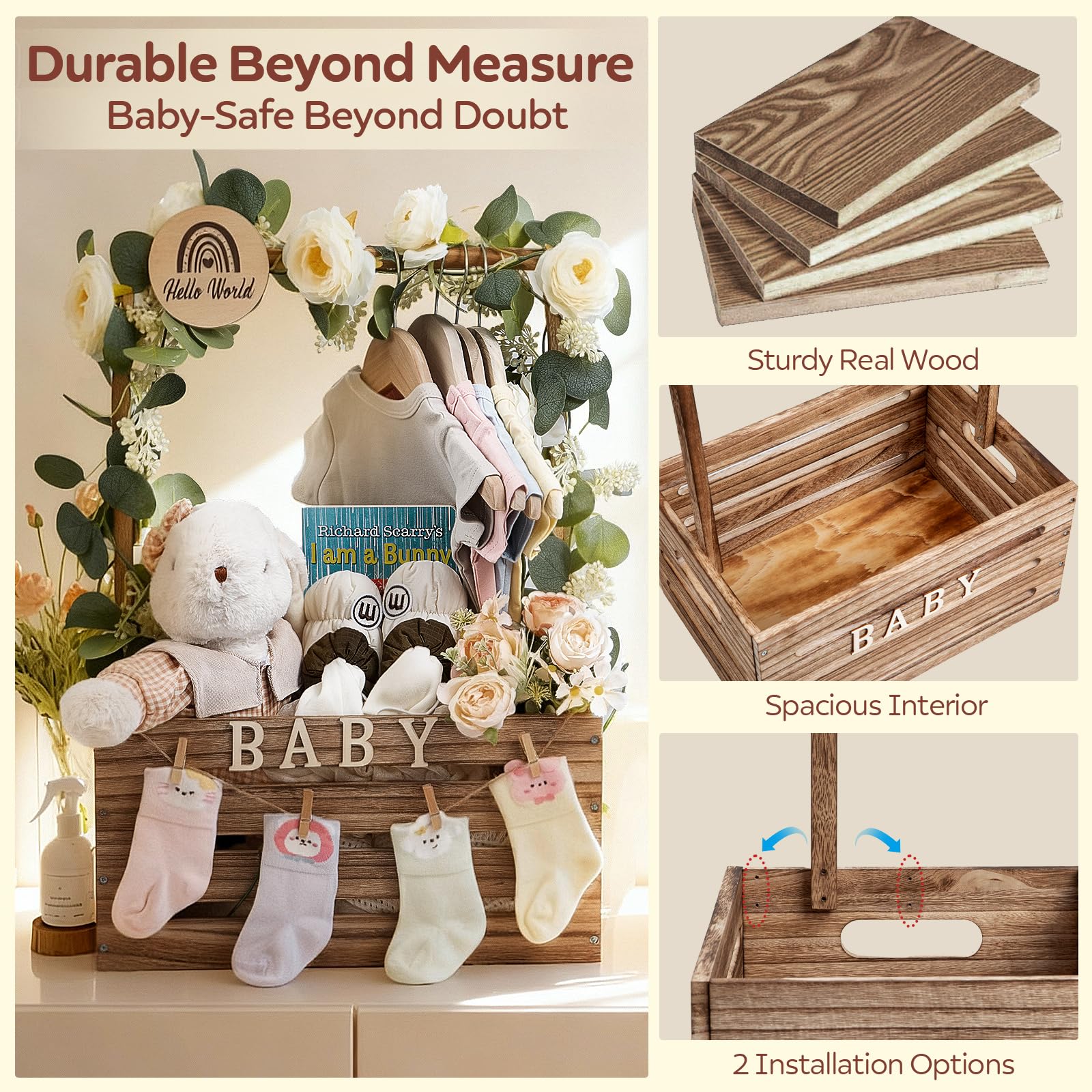 SCHOLOX wooden baby shower crate in nursery — doubles as nursery storage