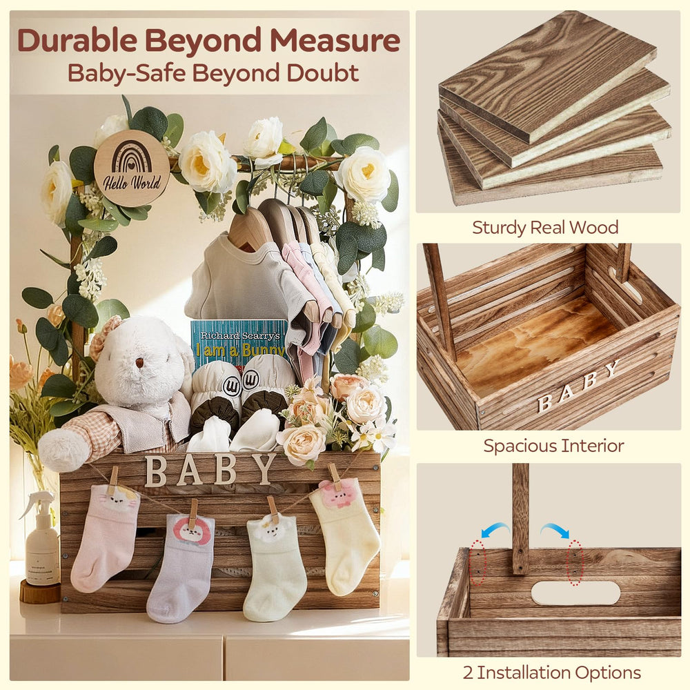 SCHOLOX wooden baby shower crate in nursery — doubles as nursery storage