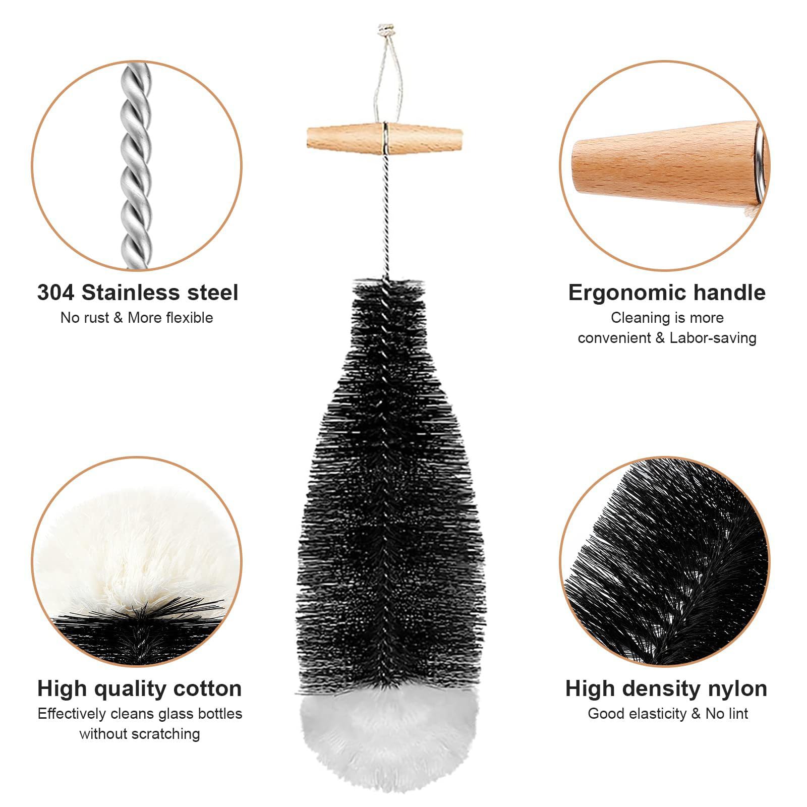 SCLWSS long-handle design reaches bottom and narrow necks for easy cleaning.
