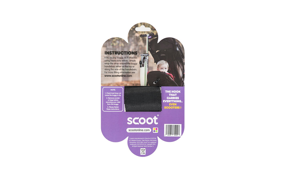 SCOOT Buggy Hook transporting scooter shows easy hands-free mobility for parent on the go