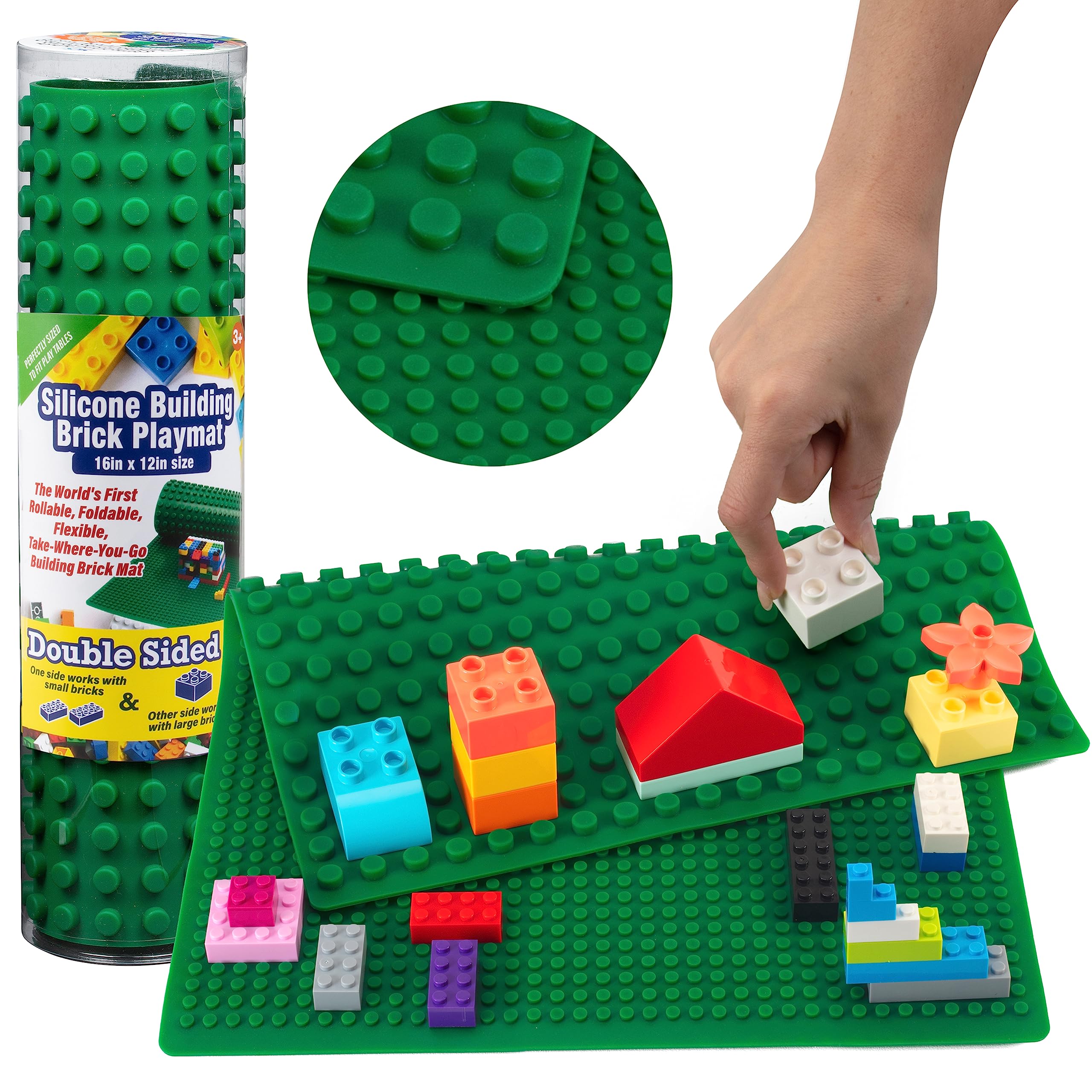 SCS Direct two-sided surface supports small and large bricks for versatile play.