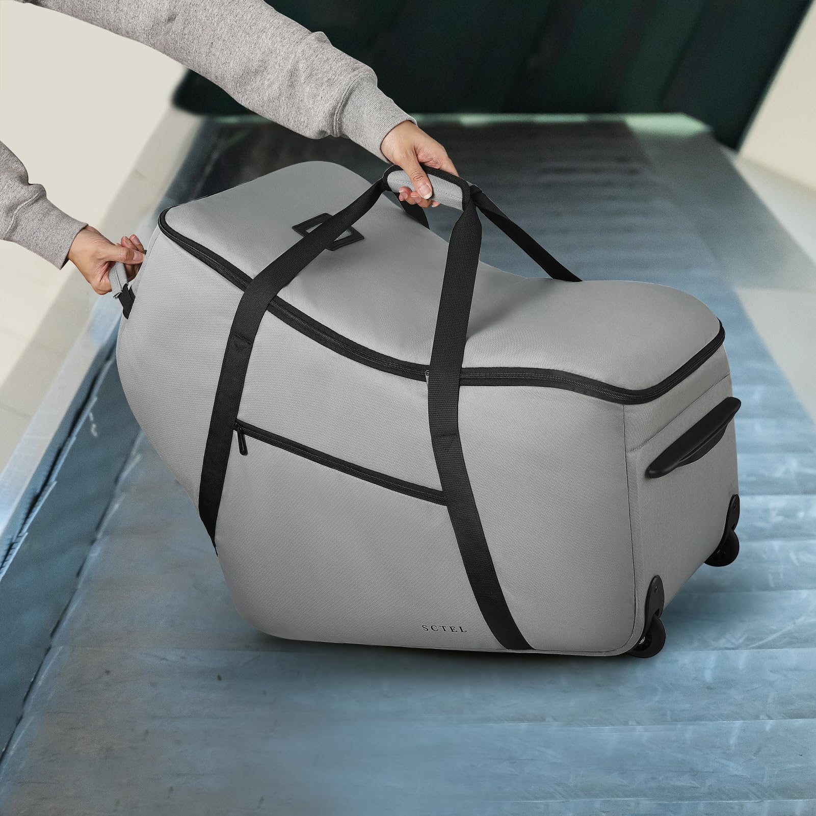 SCTEL travel bag foldable design fits into a backpack or stroller bag.