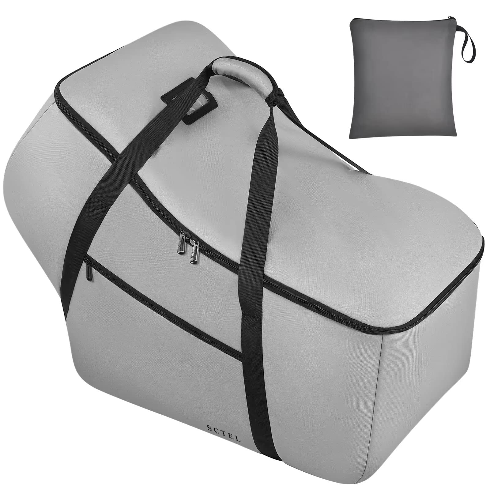 SCTEL car seat travel bag front view showing protective padding and sturdy build for travel protection