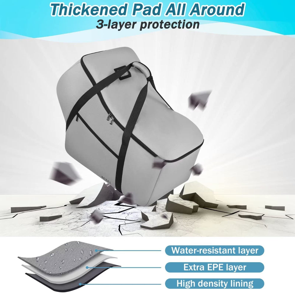 SCTEL car seat travel bag at gate-check with clear ID tag for quick identification