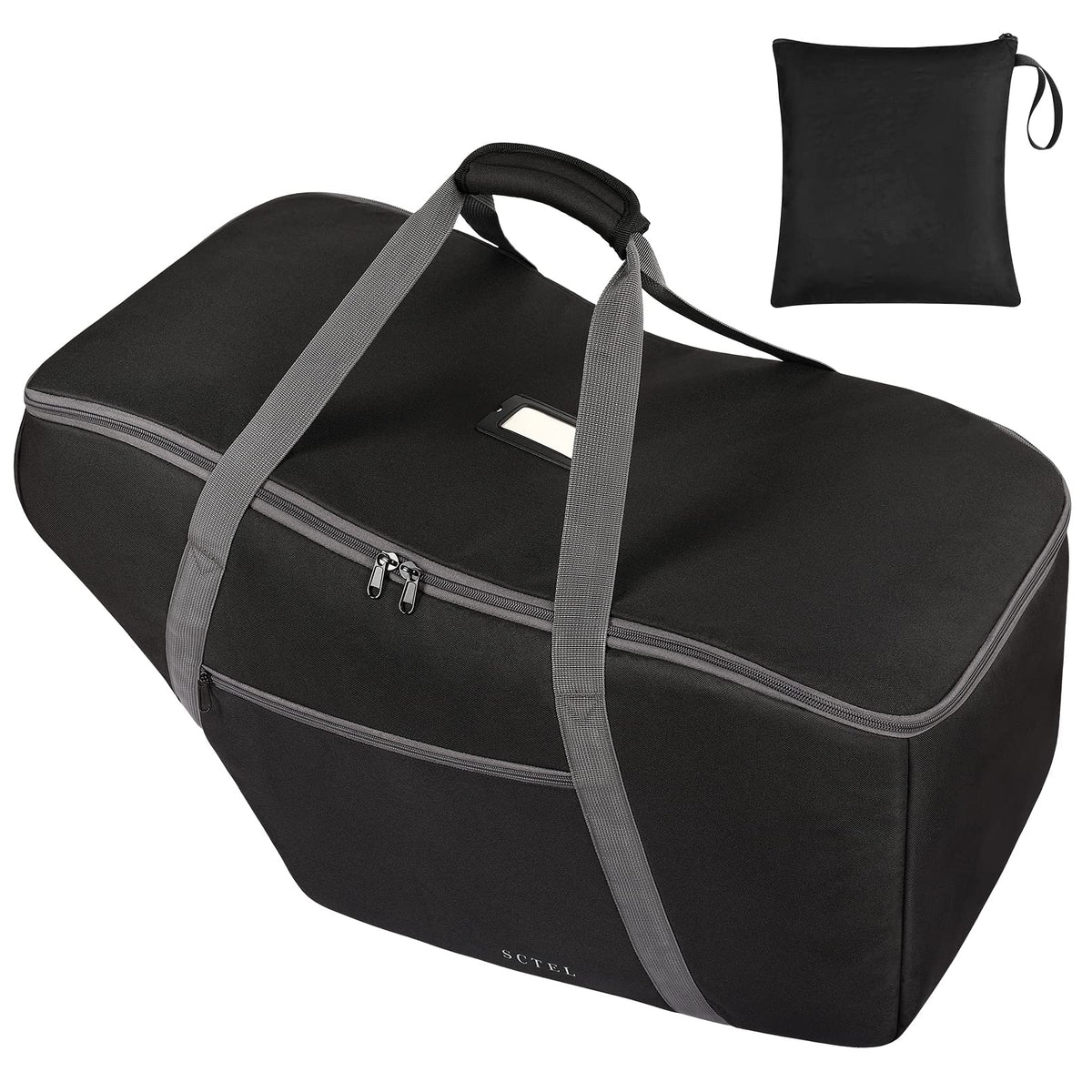 SCTEL car seat travel bag with ID tag for quick airport spotting.