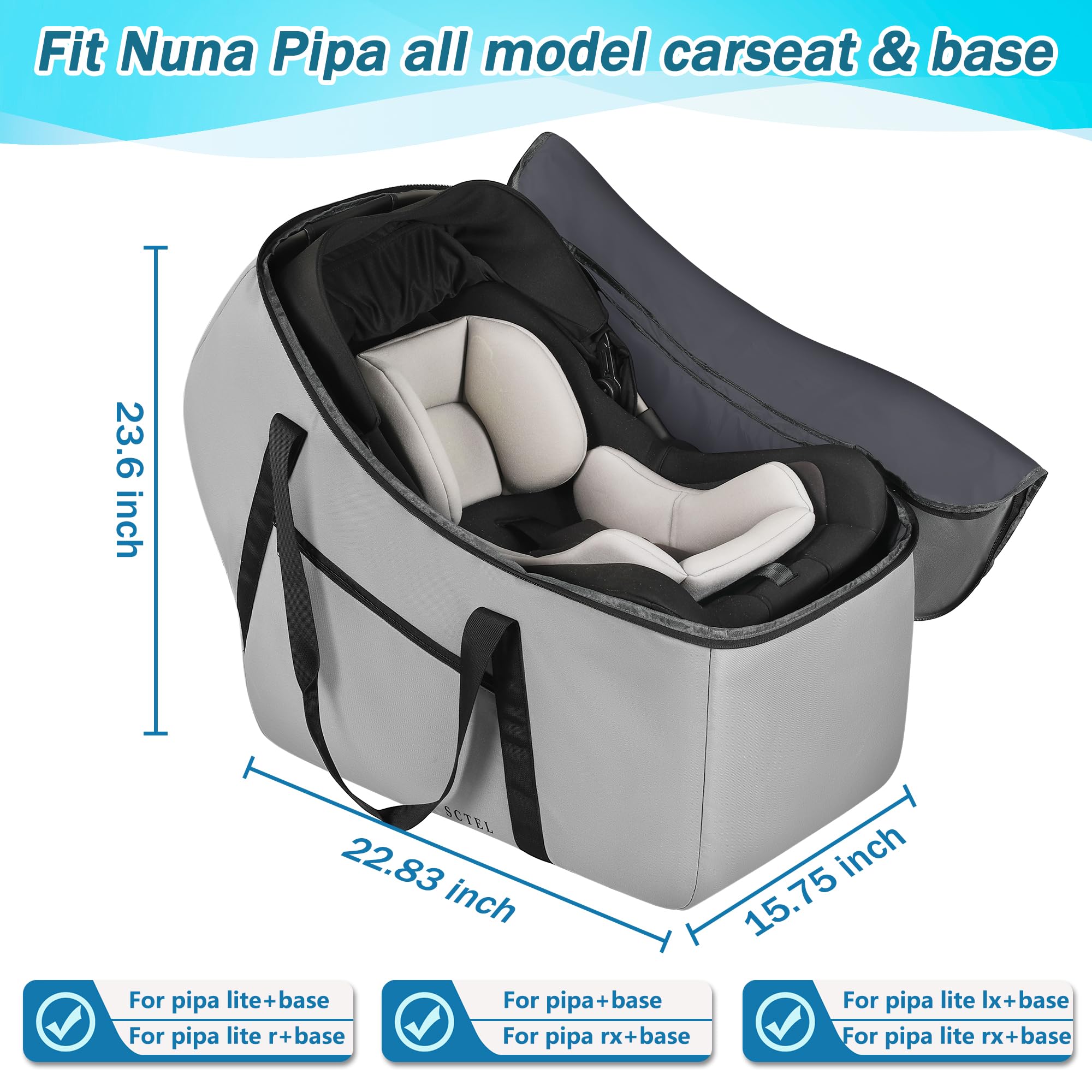 SCTEL car seat travel bag with protective feet maintaining stability on the floor