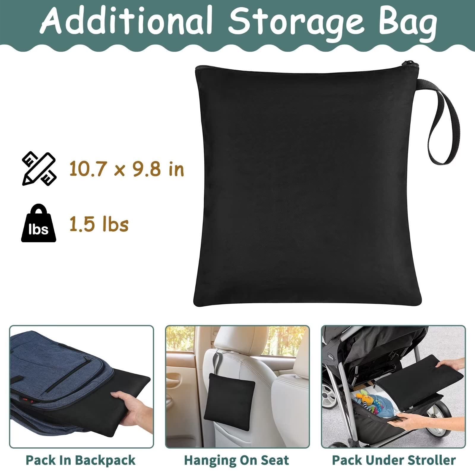 SCTEL car seat travel bag side pocket stores small items during travel.