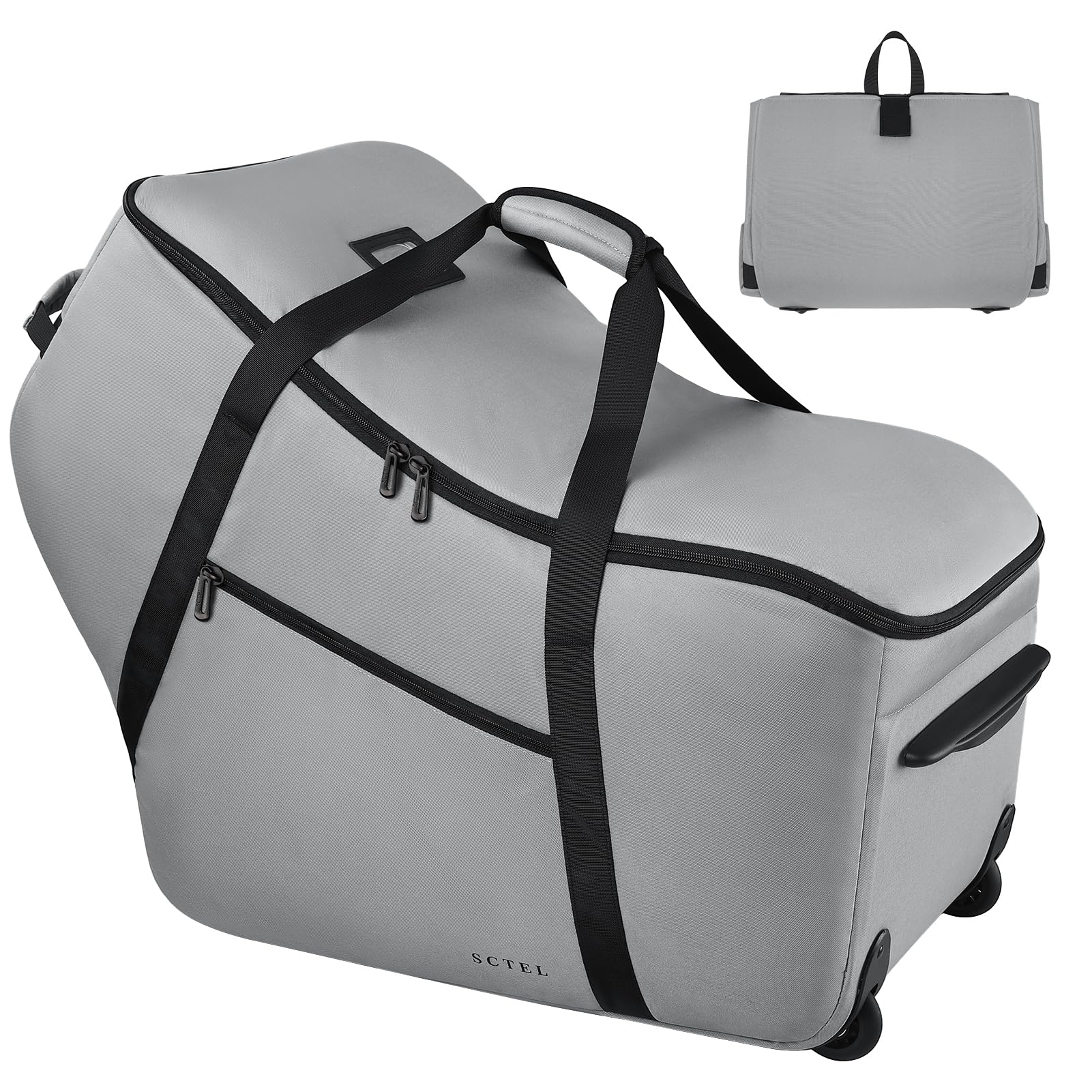 SCTEL car seat travel bag front view with wheels for easy airport transport.